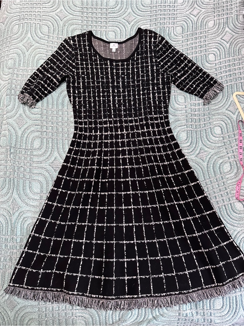 Women’s Black & White Grid Knit Sweater Dress with Fringe
